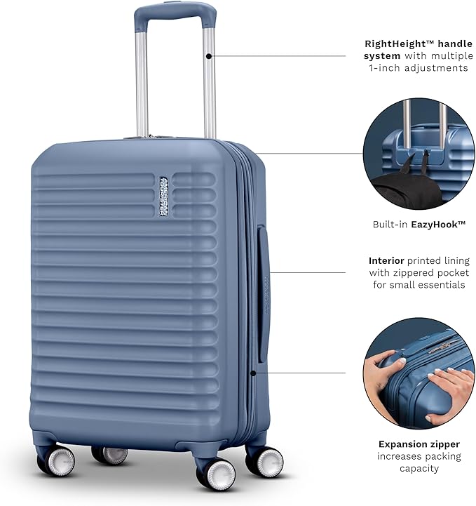 American Tourister Stratum 3.0 Medium 24-Inch Spinner, Airline Approved, Durable Hardside Luggage, Expands 1.5", RightHeight™ Adjustable Handle, Elemental Blue