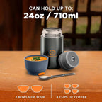 ENERGIFY Vacuum Insulated Food Jar. Large 24oz Bowl incl. Folding Spoon, Cup. Wide Mouth Keep Hot & Cold Drinks Soup Lunch Container for Adults. BPA-Free Stainless Steel, Leak Proof Grey