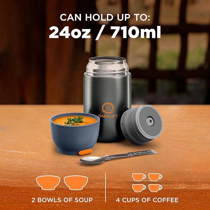 ENERGIFY Vacuum Insulated Food Jar. Large 24oz Bowl incl. Folding Spoon, Cup. Wide Mouth Keep Hot & Cold Drinks Soup Lunch Container for Adults. BPA-Free Stainless Steel, Leak Proof Grey