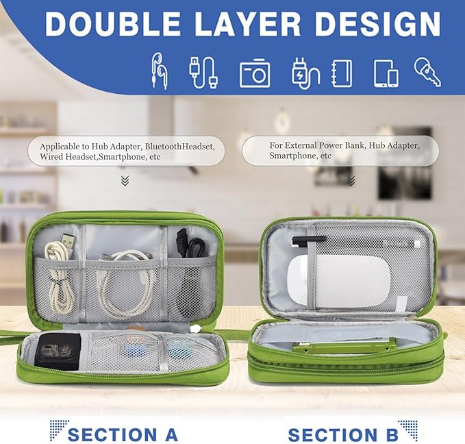 CAAORDKSO Electronic Organizer Travel Cable Accessories Bag, Tech Pouch Electronic Organizer Case, Travel Essentials for Cable, Cord, Charger, Phone, SD Card, Power Bank, Earphone (Grass Green,Medium)