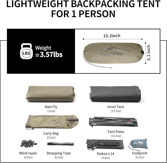 Naturehike Cloud-Up 1 Person Tent, Lightweight Backpacking Tents for One Man, Waterproof Ultralight One Person Tent for Camping Hiking Backpacking