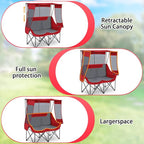 Double Camping Chair with Canopy Shade Oversized 2 Person Camping Sofa Fully Padded Folding Loveseat with Cup Hold and Storage Bag Sturdy for Lawn Beach Fall Outdoor Activities(Dark Red)