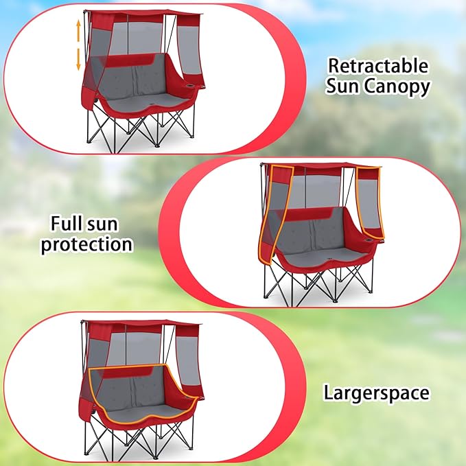 Double Camping Chair with Canopy Shade Oversized 2 Person Camping Sofa Fully Padded Folding Loveseat with Cup Hold and Storage Bag Sturdy for Lawn Beach Fall Outdoor Activities(Dark Red)