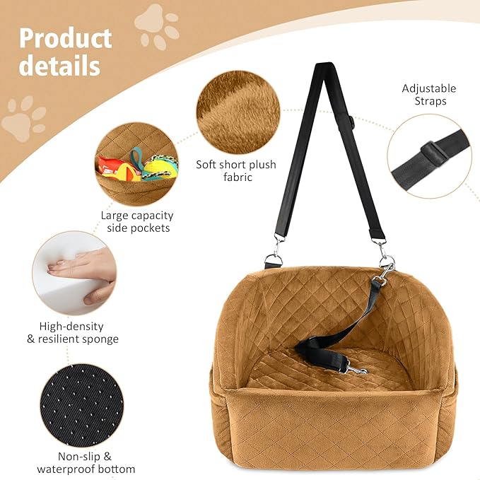 NEEZUKAR Dog Car Seat for Small Medium Dogs,Detachable Washable Dog Booster Seat Under 30lbs,Pet Car Seat Travel Bed with Storage Pockets and Dog Safety Belt（Brown