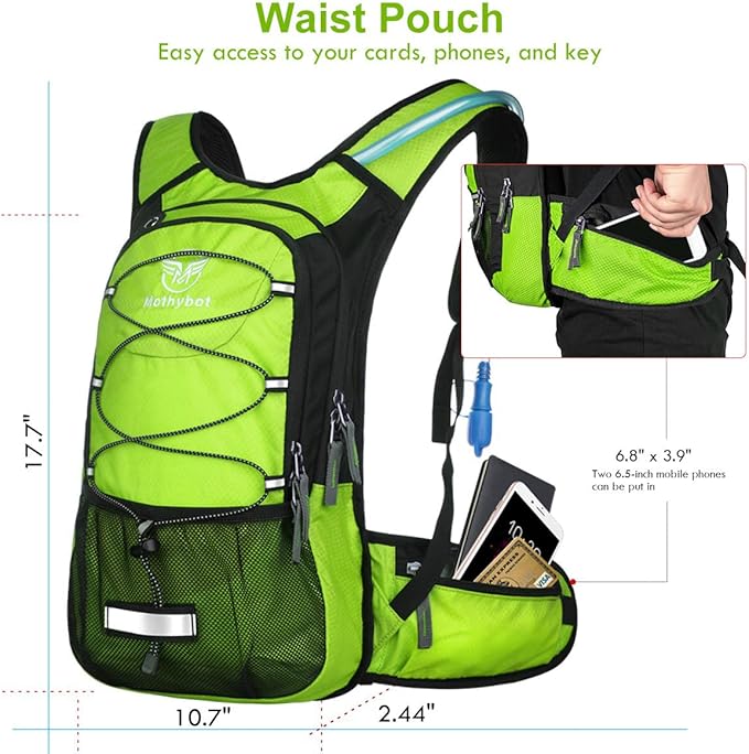 Insulated Hydration Backpack Pack with 3L BPA Free Leak Proof Water Bladder, Large Storage Lightweight Hiking Daypack with Waist Pouches & Cooler Layer, for Running, Biking, Camping, Festival