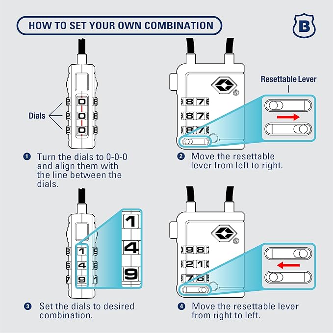 Brinks TSA Accepted Indicator Luggage Lock, Black - Resettable 3-Dial Combination, 2.5 inch Long Cable Shackle, New More Secure TSA008 Key, 4 Pack