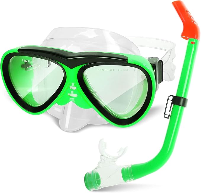 GreenLF Kids Snorkel Set, Anti-Fog Snorkeling Mask with Nose Covers for Youth Junior Child, Boys & Girls Age 5-12, Semi-Dry Diving Scuba Swimming Goggles Gear Packages