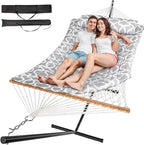 2 Person Outdoor Hammock with Stand, Cotton Rope Hammock with Polyester Pad, Adjustable Steel Frame, Portable with Carrying Bag – for Patio, Backyard, Garden, Beach, White-Gray