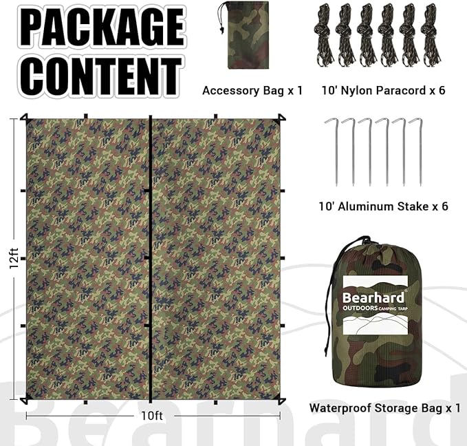 Bearhard Waterproof Camping Tarp, Lightweight Hammock Rain Fly, UV Protection and PU 3000mm Waterproof Backpacking Tarp, 10x10ft/10x12ft Large Tent Footprint or Shelter Kit for Hiking and Outdoor Adventure