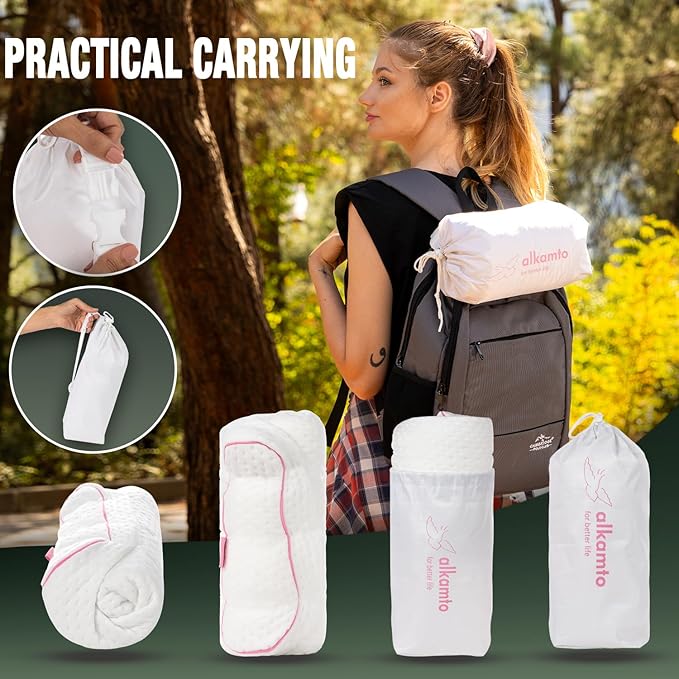 Travel & Camping Comfortable Memory Foam Pillow – Easy to Carry Portable Bag – Temperature Regulating Pillow Case (Pink Contour + Extra Cover)