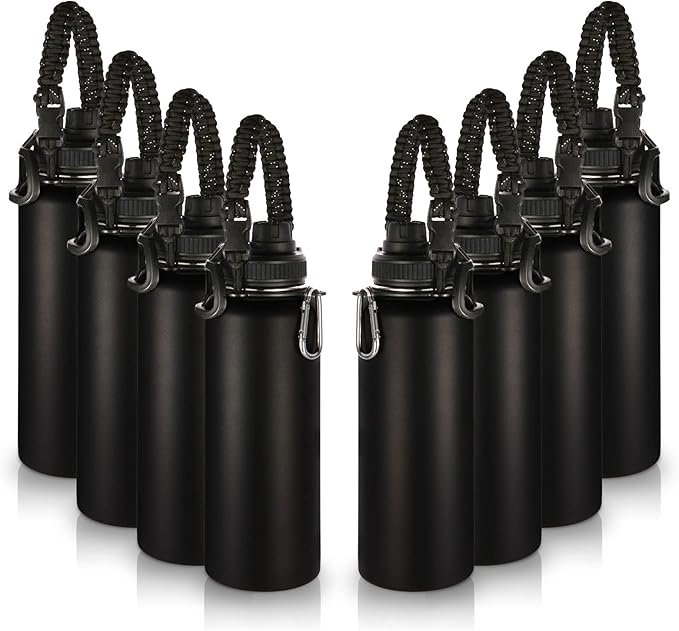 Volhoply Insulated Water Bottles Bulk 8 Pack, 40 oz Stainless Steel Sports Bottle with Paracord Handle & SpoutLid, Double Walled Metal Cups with Wide Mouth, Reusable Adult Water jug (Black,8 Set)