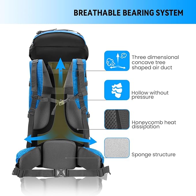 Bseash 80L Waterproof Hiking Camping Backpack with Rain Cover, Lightweight Outdoor Sport Travel Daypack for Climbing Touring (Blue)