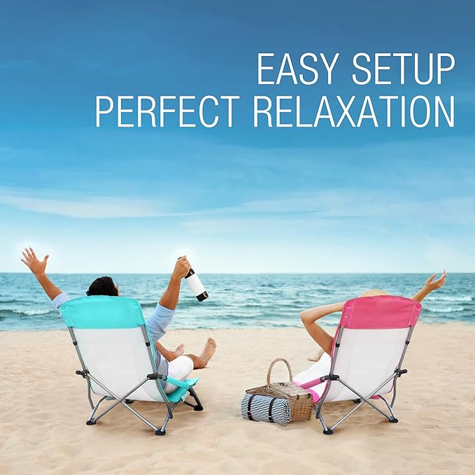 HAUSHOF High Back Beach Chair, Mesh Back Folding Chair, Lightweight Low Seat Camping Chairs with Cup Holder, Carry Bag, Padded Armrest for Outdoor Beach Lawn Camping Picnic Festival