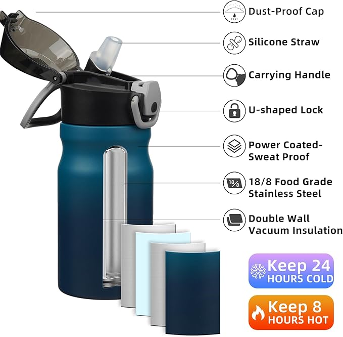 BJPKPK Insulated Water Bottle 14oz Stainless Steel Water Bottles With Straw And Carry Handle Double Wall Metal Thermo,Indigo Black