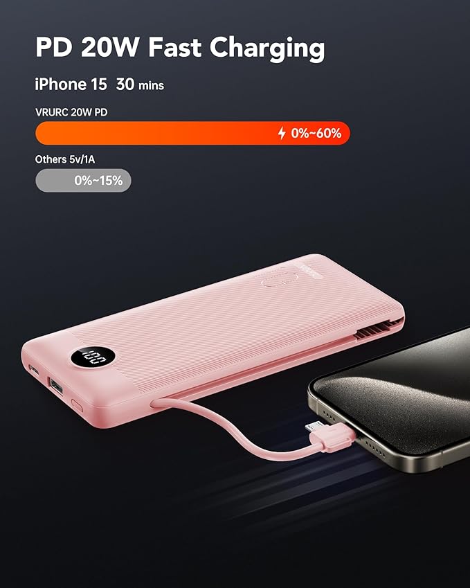 VRURC Portable Charger Power Bank with Wall Plug, 10000mAh Portable Charger with Built in Cables, PD 20W Fast Charging Portable Charger with Cords External Charger Travel Accessories-Pink(1 Pack)