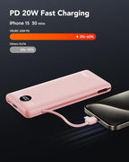 VRURC Portable Charger Power Bank with Wall Plug, 10000mAh Portable Charger with Built in Cables, PD 20W Fast Charging Portable Charger with Cords External Charger Travel Accessories-Pink(1 Pack)