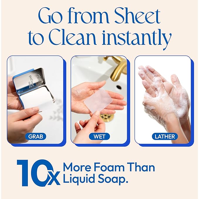 FOMIN - Antibacterial Paper Soap Sheets Tin for Traveling - (100 Sheets) Fragrance Free Portable Travel Hand Soap Sheets, Dissolvable Mini Camping Hand Soap for Hand Washing