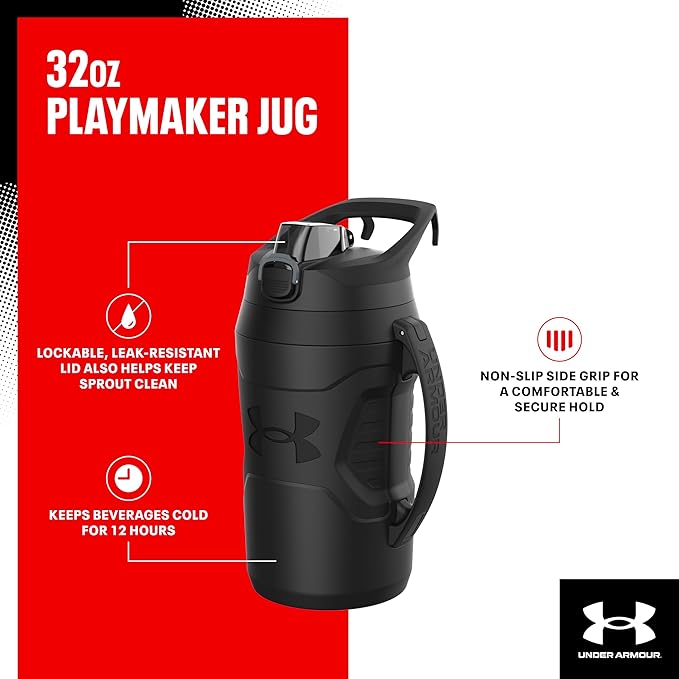 Under Armour 32 oz Insulated Water Bottles - Sports Water Jug with Handle, Fence Hook, Leak Resistant for Baseball, Football & More, 32 oz Water Bottles, Sports Water Bottle Insulated (Pack of 4)