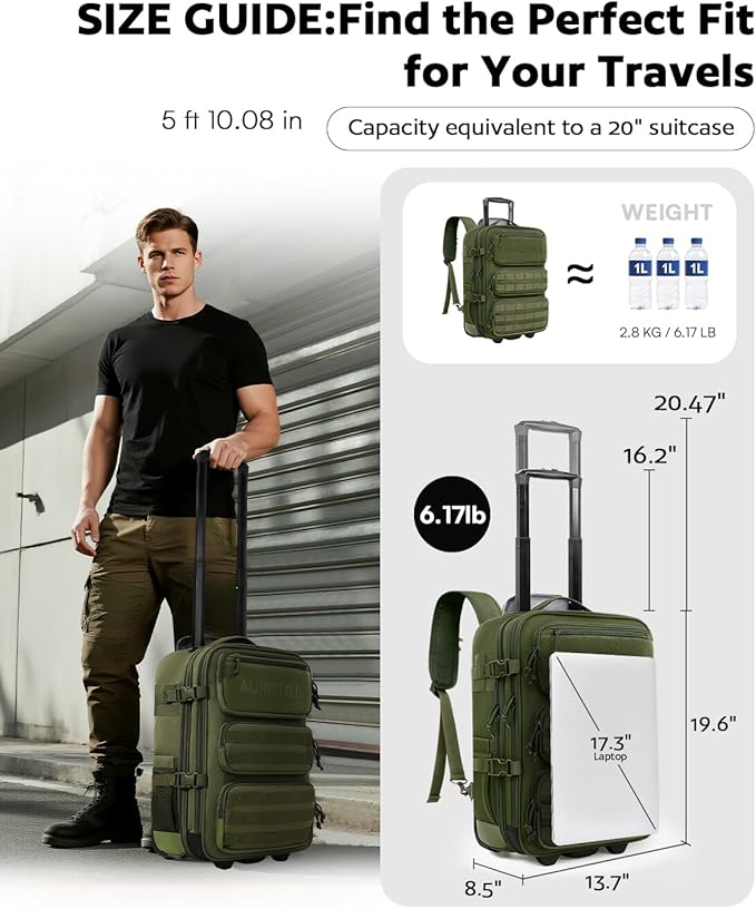 Rolling Tactical Laptop Backpack, 17 Inch Wheeled Military Computer Backpack for Men and Women, Roller Carry on Luggage for Work Travel, Overnight Molle Outdoor Hiking Bag with Wheels, Green