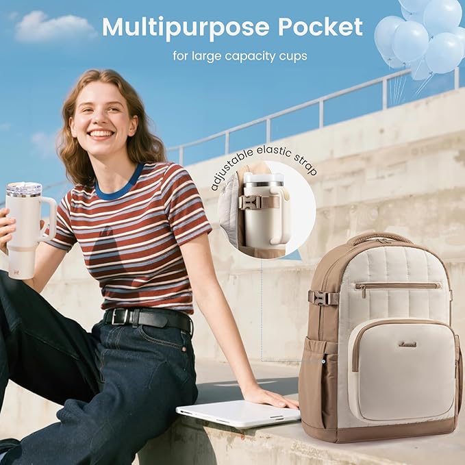 LOVEVOOK Laptop Backpack for Women with Giant Tumbler Holder Pocket,17 Inch Puffer Travel College Work Backpack Purse for Teacher Nurse,Waterproof Laptop Bag Computer Back Pack Daypack,White-Khaki
