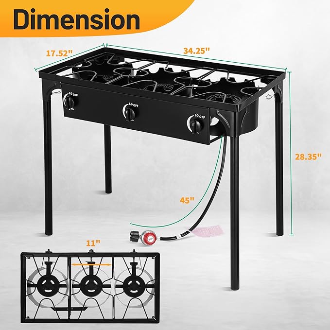 Outdoor Camping Stove, 225000 BTU, High Pressure 3 Burner, Propane Gas Cooker with Detachable Legs, 30 PSI Regulator