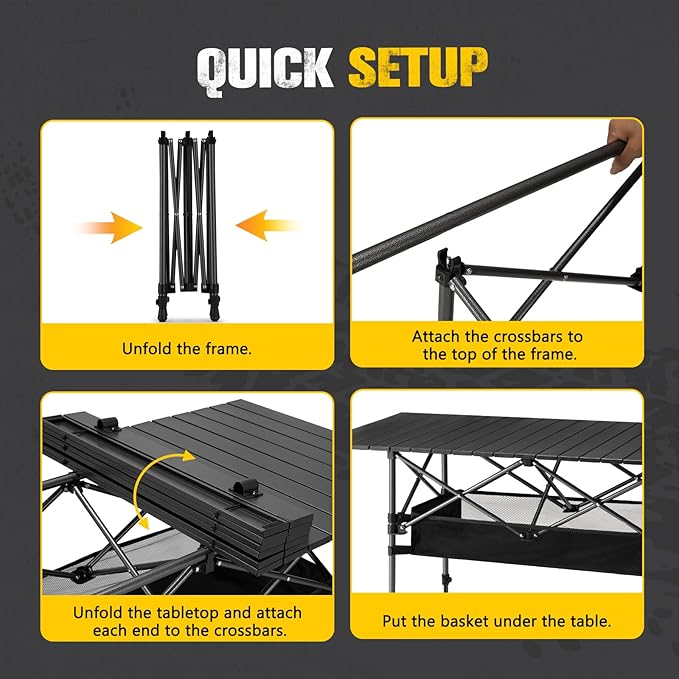 BUNKER INDUST Folding Camping Table, Outdoor Portable Roll-Top Aluminum Table with Carry Bag for Picnic,Beach,BBQ,Backyards, Adjustable Height