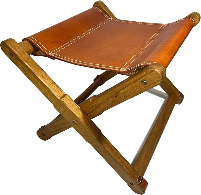 Foldable Leather Stool, Portable Beech Wood Artist Folding Stool, Italian Top Vegetable Tanned Leather Seat, Home Fashion Genuine Leathers Director’s Stools for Home Outdoor Camping Fishing
