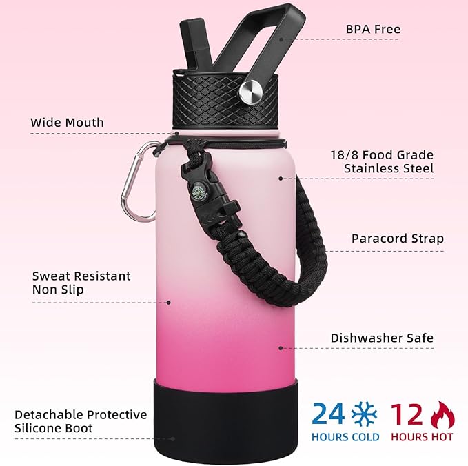 BJPKPK 32oz Insulated Water Bottles with 3 Lids, Paracord Handle & Non-slip Boot, Stainless Steel Metal Water Bottle,Reusable BPA Free Thermo, Tumblers, Cherry