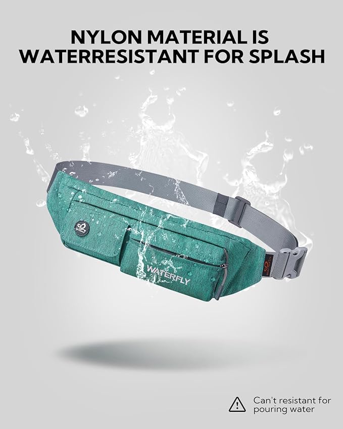WATERFLY Fanny Pack Slim Soft Polyester Water Resistant Waist Bag Pack for Man Women Carrying iPhone 8 Samsung S6 Dark Green