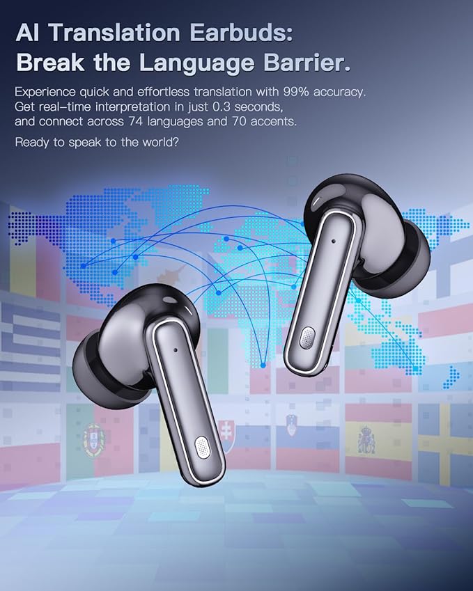 Wireless Earbuds, Ai Translation Earbuds Real Time, Audifonos traductores inglés español, Bluetooth Headphones, 90H Standby Time, Translator with 7 Modes for Travel & Business Learning