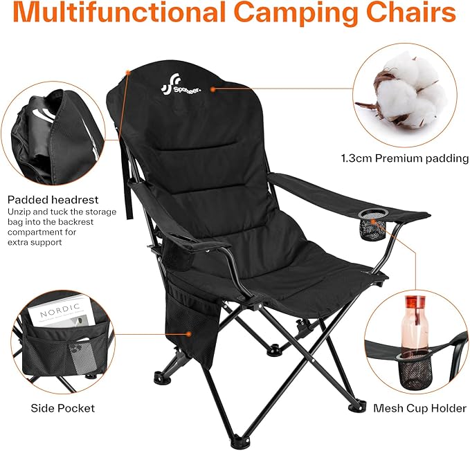 Sportneer Folding Camping Chair: 3 Adjustable Angle Camping Chair with Backrest Headrest & Carry Bag - Portable Folding Chair for Camping Outdoor, 1 Pack
