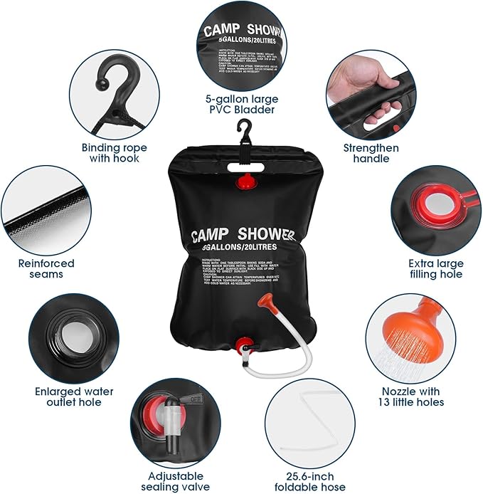 OUTDOORSEPIC| Solar Camping Shower Bag 1/2set and1+ Set 5 Gallon Portable Camping Showers Bag with Adjustable Switch Removable Nozzle for Camping Hiking Beach Swimming Outdoor Activities