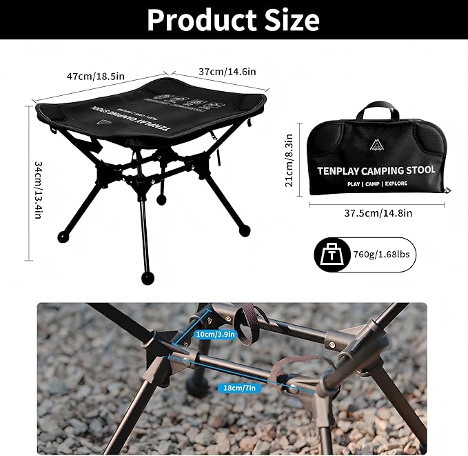 TENPLAY Portable Camping Stools for Adults Heavy Duty,Holds Up to 330lbs,18 Inch Oversized Folding Stools with All-in-One Seat & Carry Bag Design for Camping Outdoor Beach Travel Hiking Fishing Black