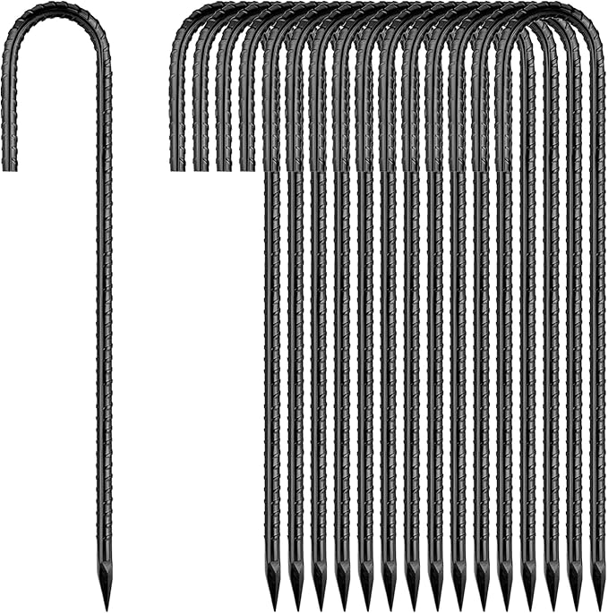 Rebar-Stakes-12Inch,J Hooks Ground Stakes Anchors for Gardening Black Coated Ground Stakes 50pcs Anti-Rust Heavy Duty Dog Fence Fixed Water Pipes Soccer Goals Tent Camping Trampoline