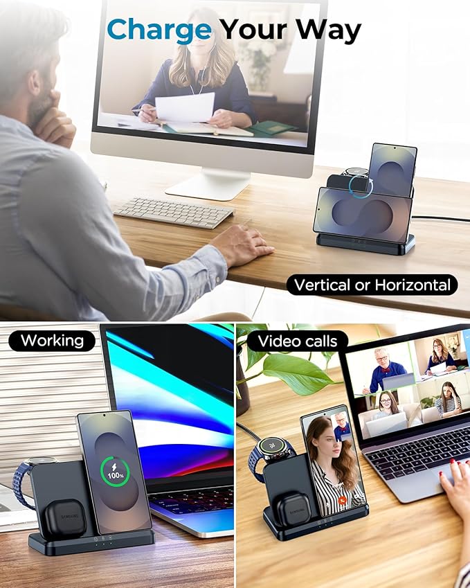 EGV Wireless Charger for Samsung – 3 in 1 Wireless Charging Station for Galaxy S25 Ultra S24 S23, Z Fold Flip 7/6, Detachable Watch Charger for Galaxy Ultra 8/7/6, Foldable, Fast Charging, No Adapter
