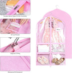 Syeeiex 3" Gusseted Clear Dance Costume Garment Bag(5 Pack), 40'' Dance Garment Bags for Dancers with 4 Zipper Pockets & Can Hold 1-3 Dance Costumes - Suitable for Dance Competitions, Ballet(Pink)