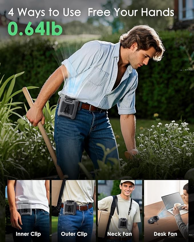 Portable Waist Fan Clip on, Personal Wearable Belt Fan 10000mAh Rechargeable Battery Under Shirt,5 Speeds with light, Neck Fan Hands-Free Cooling For Outdoor Camping Travel (Grey)