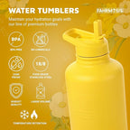 64 Oz Water Bottle with Straw Stainless Steel Sports Water Bottle with 3 Lids (Straw, Chug and Flip Lid) Leak Proof Metal Half Gallon Jug for Men & Women - Yellow