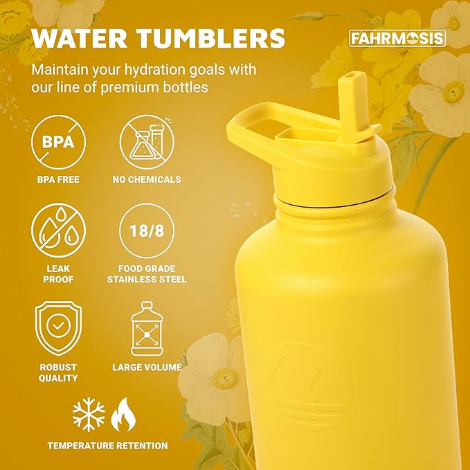 64 Oz Water Bottle with Straw Stainless Steel Sports Water Bottle with 3 Lids (Straw, Chug and Flip Lid) Leak Proof Metal Half Gallon Jug for Men & Women - Yellow