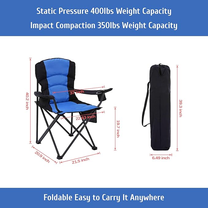 Oversized Camping Chair Folding Heavy Duty Quad Outdoor Large Lawn Chairs Portable Support 400 lbs Padded Thicken Oxford with Armrests, Storage Bag, Cup Holder, Carry Bag for Outside(Blue)