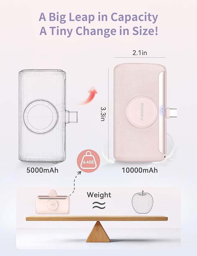RORRY PalmGo Portable Charger, 10000mAh PD 22.5W Fast Charging Mini Power Bank with Built-in USB C Connector, 3-in-1 Battery Pack for iPhone 17/16/15 Pro/Max, Apple Watch Ultra/11/10/SE, iPad, White