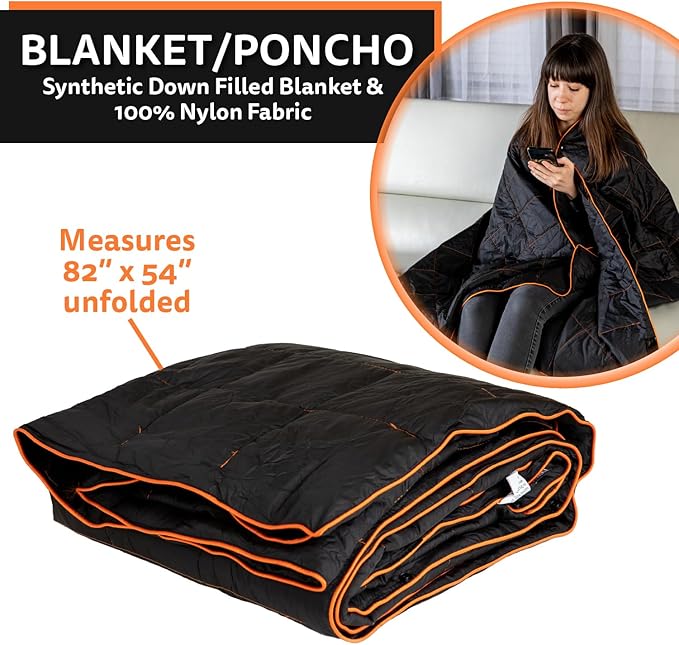 Ripstop Outdoor Camping Pillow 3-in-1, Versatile Lightweight Nylon Waterproof Stadium Blanket, Ultralight Backpacking Essentials, Travel Set - Black and Orange