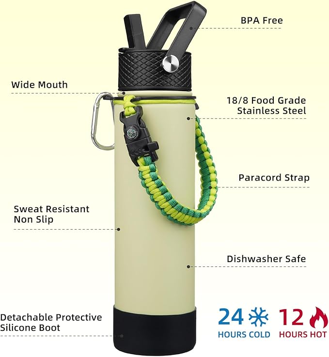 BJPKPK 27oz Insulated Water Bottles with 3 Lids, Paracord Handle & Non-slip Boot, Stainless Steel Metal Water Bottle with Straw, BPA Free Thermo, Tumblers,Macaron Green