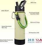 BJPKPK 27oz Insulated Water Bottles with 3 Lids, Paracord Handle & Non-slip Boot, Stainless Steel Metal Water Bottle with Straw, BPA Free Thermo, Tumblers,Macaron Green