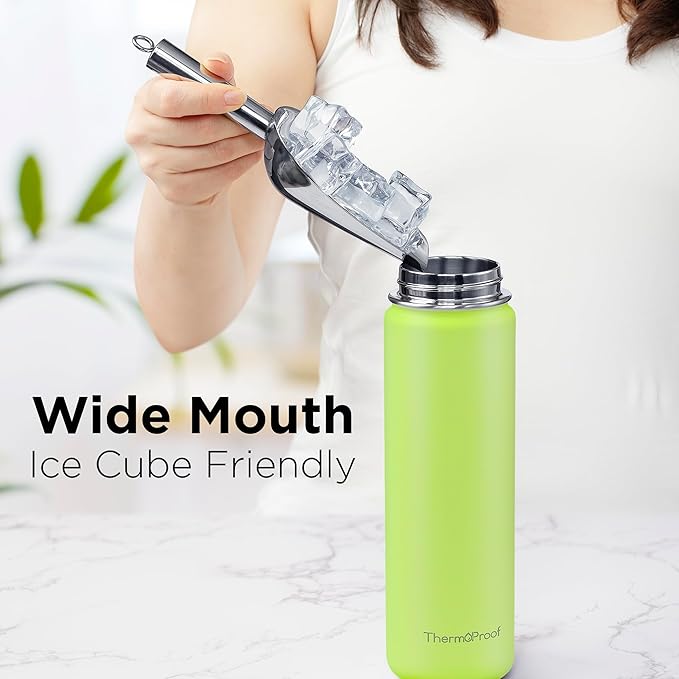 ThermoProof Double-Walled Vacuum Insulated Stainless Steel Water Bottle - Wide Mouth with Chug & Spout Lids, Dishwasher Safe, Reusable, Leakproof, Hot & Cold for Men, Women & Kids - 22oz, Fresh Mint