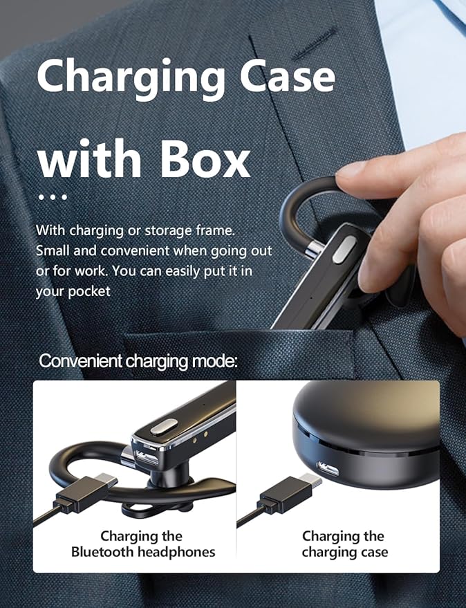 Bluetooth Headset Single Ear Business Earbuds, Wireless Headphones with Mic, Wireless Earbuds with 800mAh Charging Case, 100 Hours Standby Time Bluetooth Earpiece, Earphones for Work,Trucker, Office
