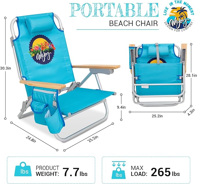 #WEJOY Folding Beach Chair for Adults, 4-Position Aluminum Lightweight Beach Chair, Low Sands Chairs with Shoulder Strap, Cup Holder and Padded Headrest, Supports 265lbs for Lawn