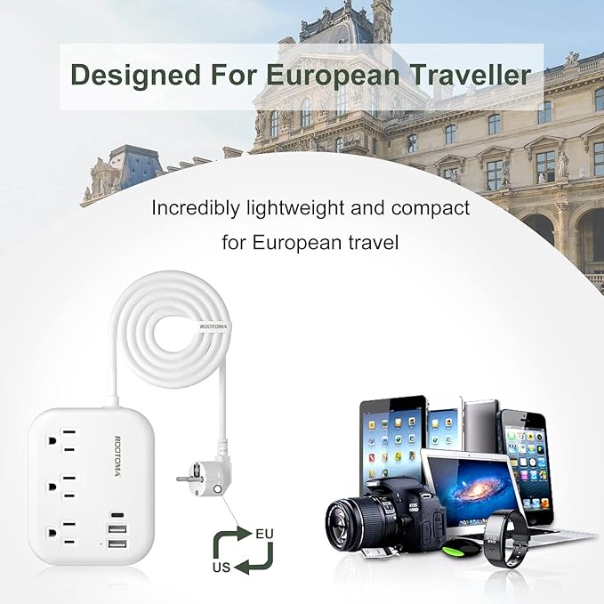 European Travel Plug Adapter with USB C, ROOTOMA Outlet Adapter US to Europe 3 Outlets 3 USB Ports, International Power Strip for EU Spain France Germany Iceland Greece, 3ft, White