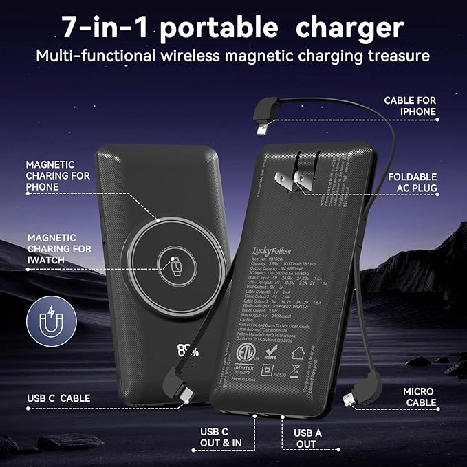 Magnetic 10000mAh Portable Charger for iWatch & iPhone, 22.5W USB C Fast Charging Wireless Power Bank Built-in Cables and Wall Plug, External Travel Battery Pack Compatible with iOS Android Devices