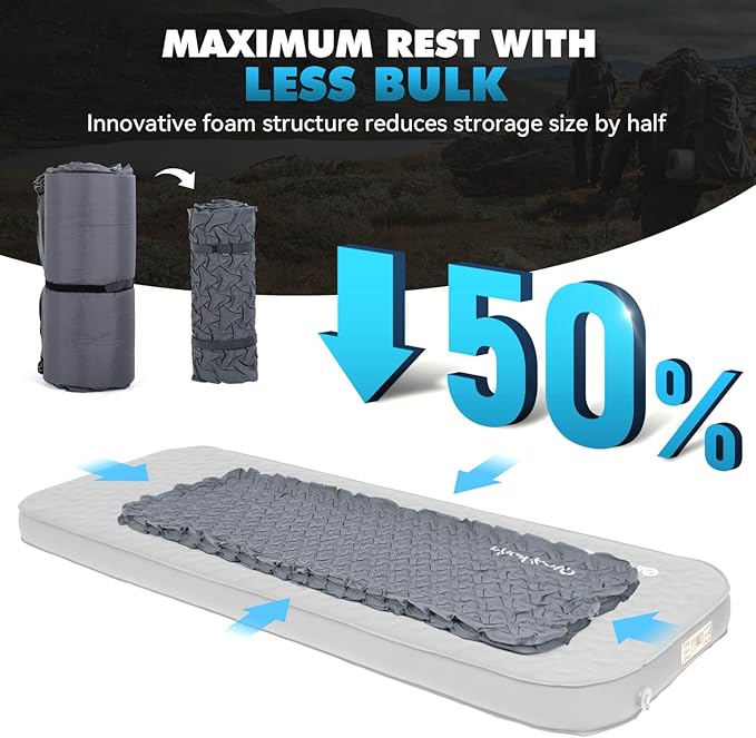 Hikenture 4" Thick Self Inflating Sleeping Pad, Foam & Air Camping Mattress, 9.5 R-Value Insulated Sleeping Mat, Portable All Season Camping Pad for Tent, Car, Cot, Truck